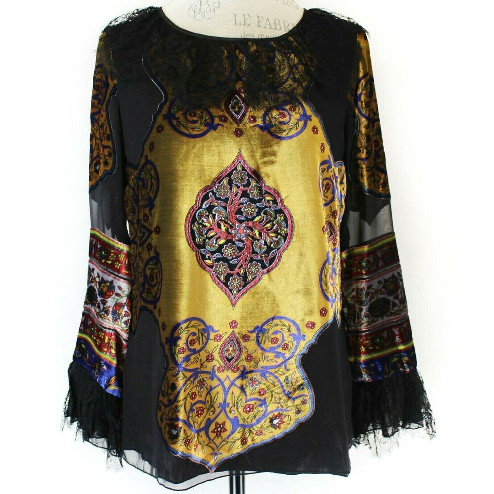 Taka by Takawear Multicolored Mandala Velvet Lace Top Tunic Blouse Small